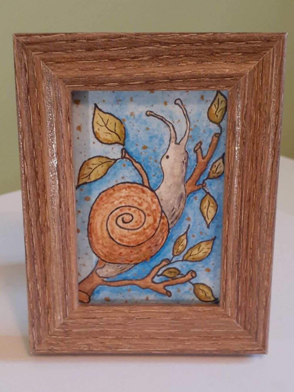 Snail Climbing a Branch Mini Watercolor and Ink Painting